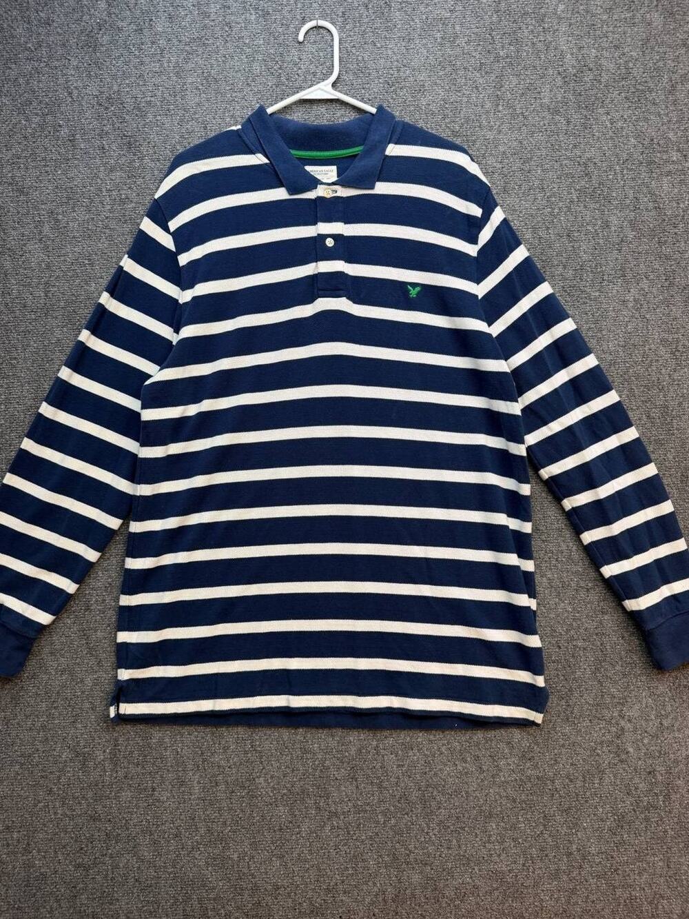 American Eagle Outfitters Men’s Polo Shirt L Navy White Stripe Long Sleeve